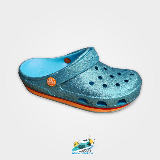 Crocs Tractor Mirellados Azul Suela Naranja