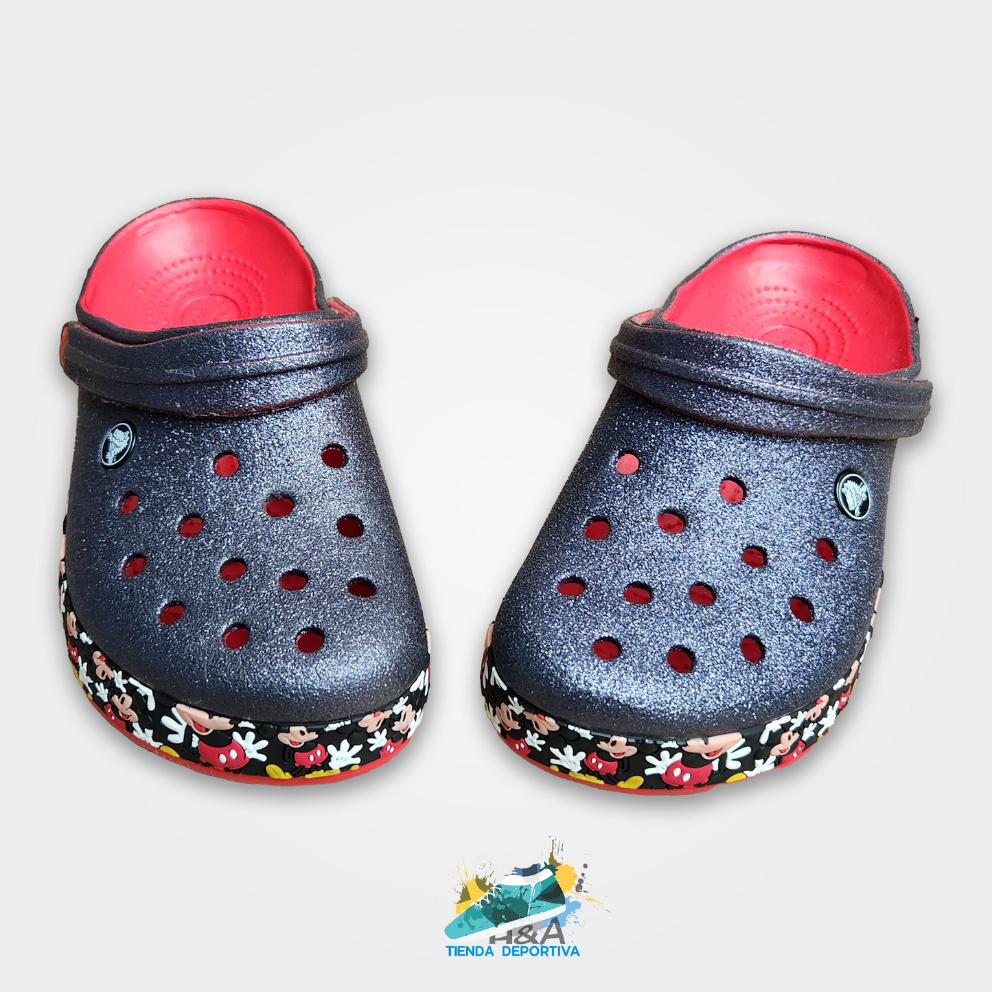 Crocs Clasicos Mirellados Negros Suela Mickey Mouse