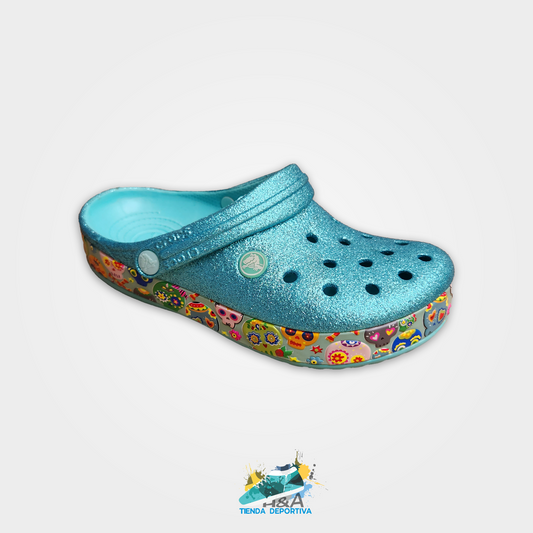 Crocs Clasicos Mirellados Azul Suela Catrinas