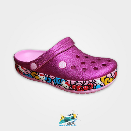 Crocs Clasicos Mirellados Morado Suela Hello Kitty